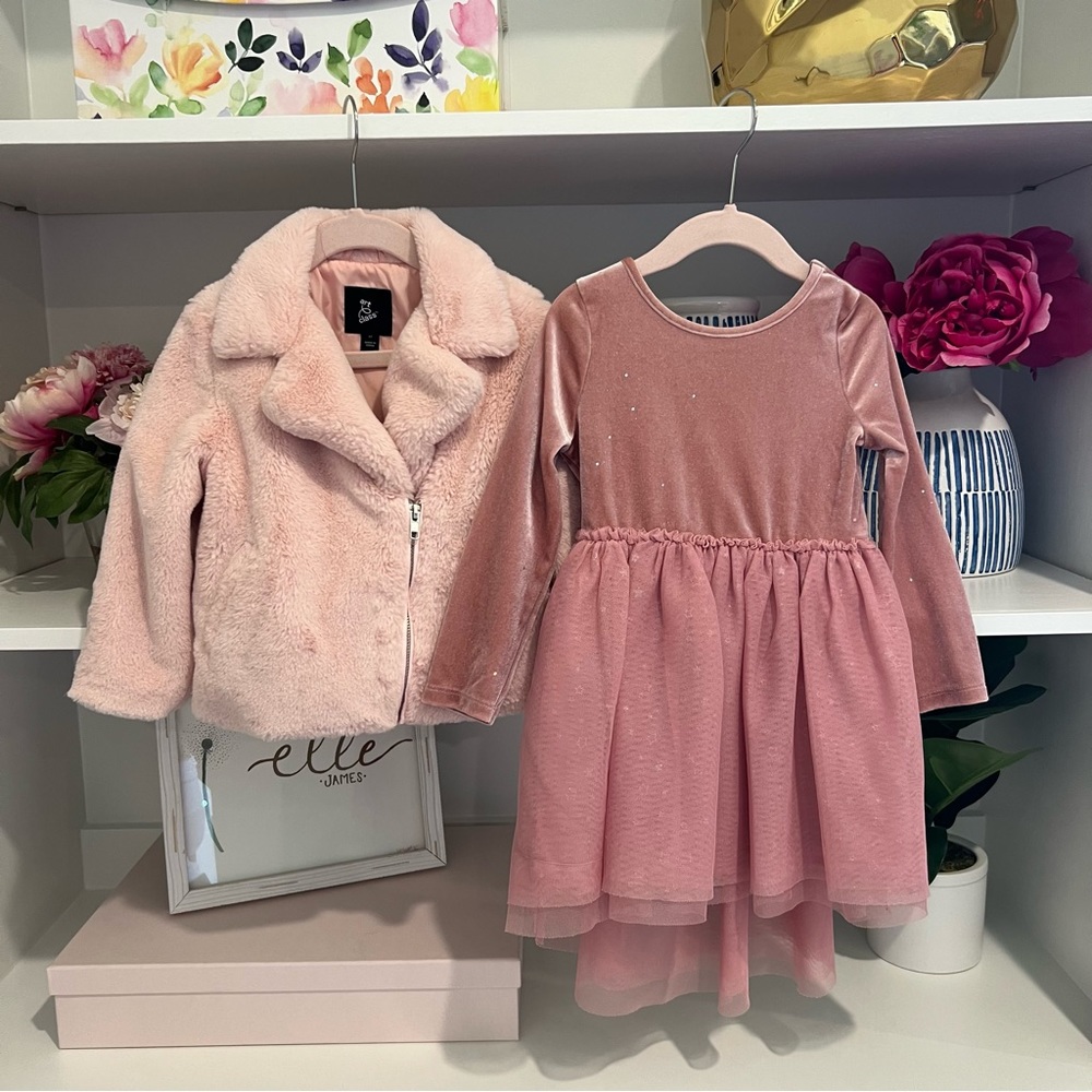 Girls 3T Pink Faux Fur Coat with Asymmetrical zipper and Pink Velvet Dress
